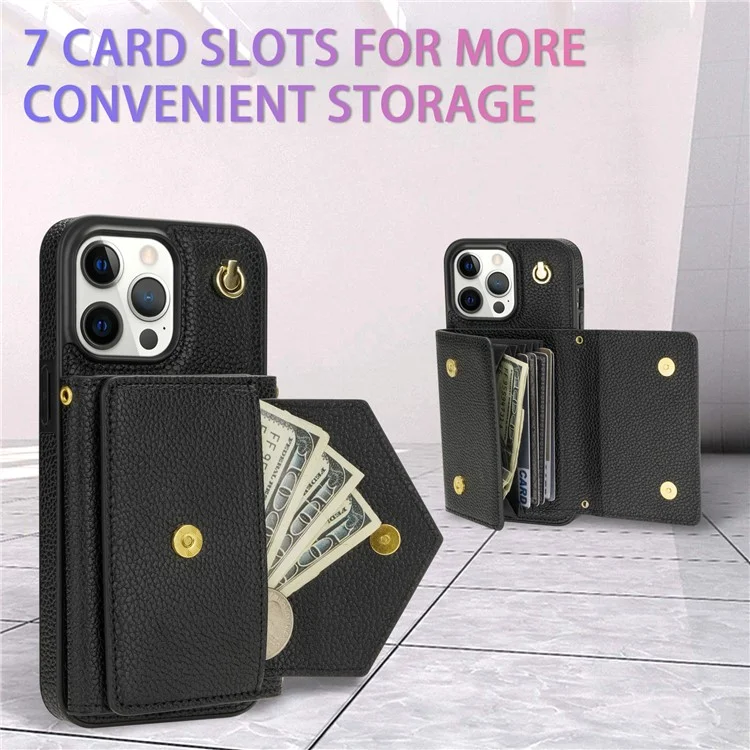 Per iPhone 14 Pro Case PU Leather+TPU Kickstand Shell con Cinturino a Spalla - Nero