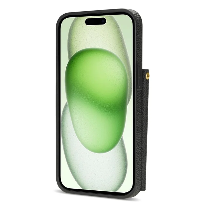 For iPhone 15 Case Bump Proof PU Leather+TPU Card Holder Cover with Shoulder Strap - Black