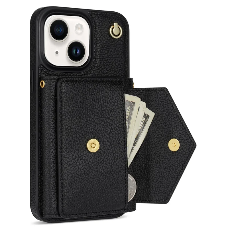 For iPhone 15 Case Bump Proof PU Leather+TPU Card Holder Cover with Shoulder Strap - Black