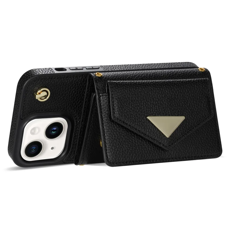 For iPhone 15 Case Bump Proof PU Leather+TPU Card Holder Cover with Shoulder Strap - Black