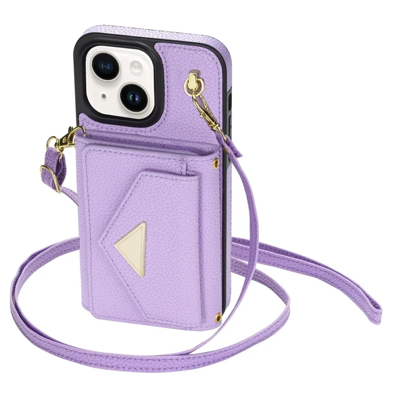 For iPhone 15 Case Bump Proof PU Leather+TPU Card Holder Cover with Shoulder Strap - Purple