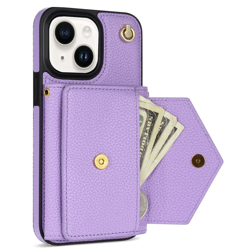 For iPhone 15 Case Bump Proof PU Leather+TPU Card Holder Cover with Shoulder Strap - Purple