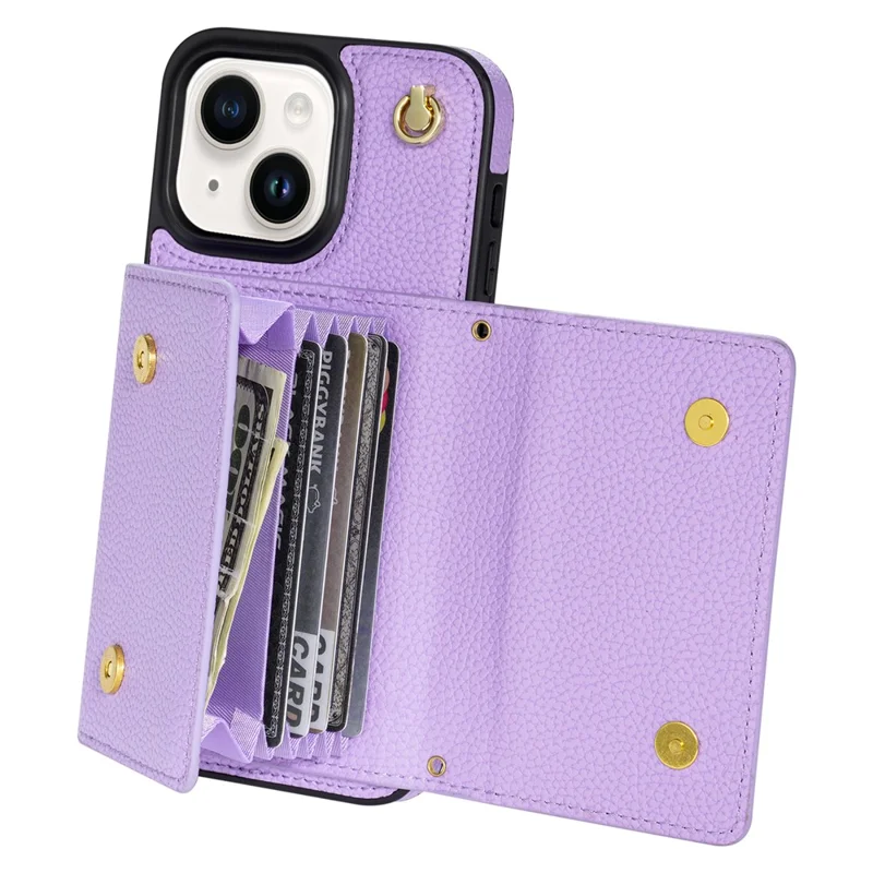 For iPhone 15 Case Bump Proof PU Leather+TPU Card Holder Cover with Shoulder Strap - Purple