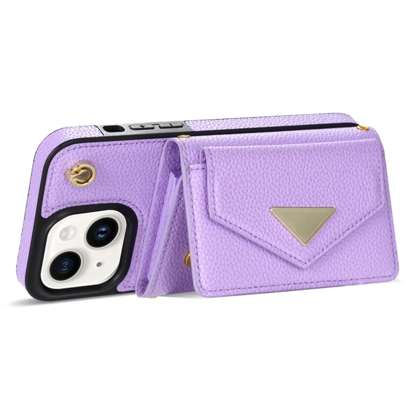 For iPhone 15 Case Bump Proof PU Leather+TPU Card Holder Cover with Shoulder Strap - Purple