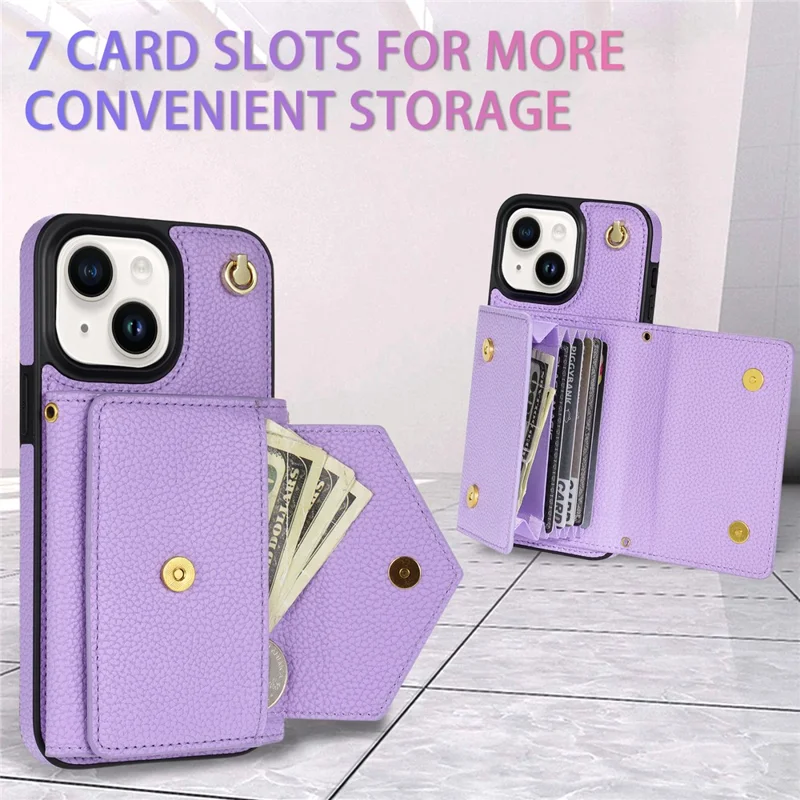 For iPhone 15 Case Bump Proof PU Leather+TPU Card Holder Cover with Shoulder Strap - Purple