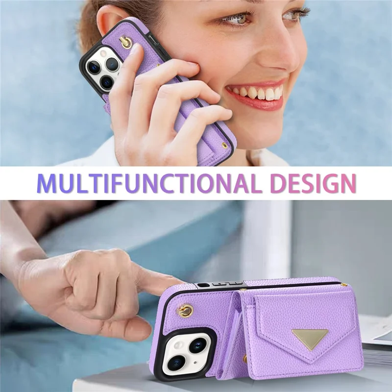 For iPhone 15 Case Bump Proof PU Leather+TPU Card Holder Cover with Shoulder Strap - Purple