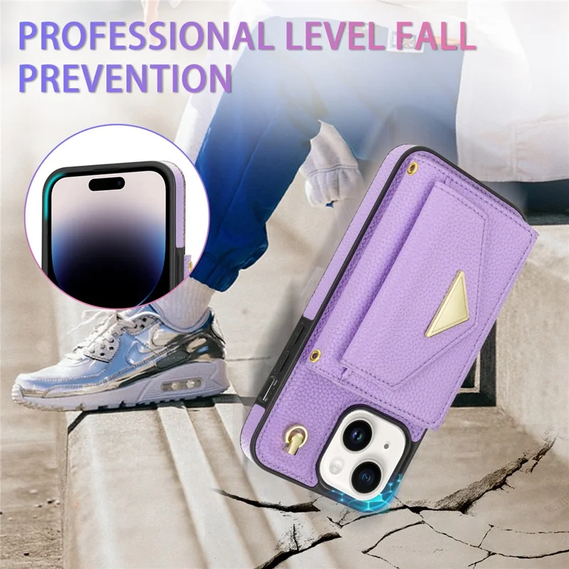 For iPhone 15 Case Bump Proof PU Leather+TPU Card Holder Cover with Shoulder Strap - Purple