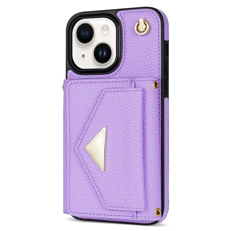 For iPhone 15 Case Bump Proof PU Leather+TPU Card Holder Cover with Shoulder Strap - Purple