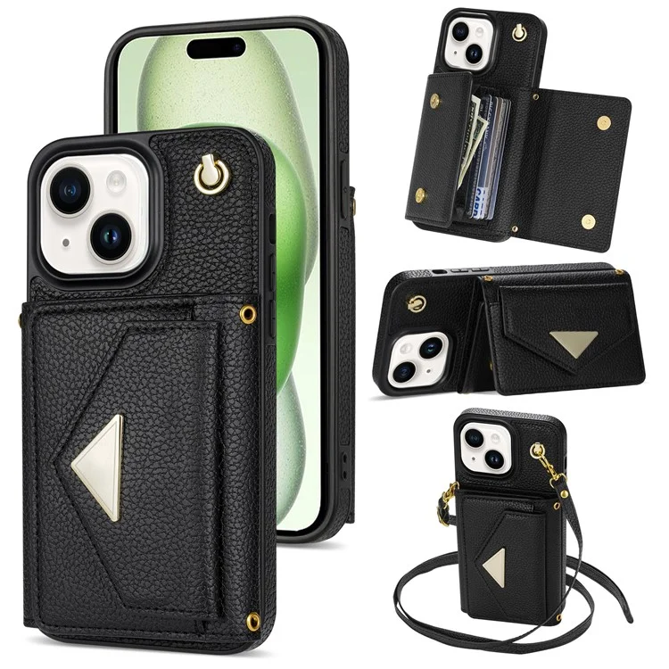 For iPhone 15 Plus Case Scratch Proof PU Leather+TPU Card Holder Cover with Shoulder Strap - Black