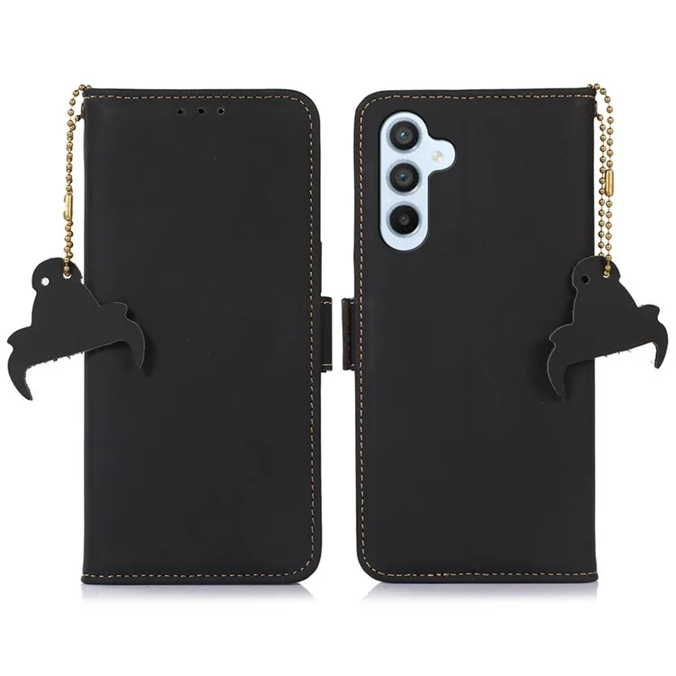 Para Samsung Galaxy A15 4G Case RFID Blocking Genuine Cow Leather Wallet Cellphone Cover - Black