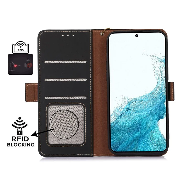 Para Samsung Galaxy A15 4G Case RFID Blocking Genuine Cow Leather Wallet Cellphone Cover - Black