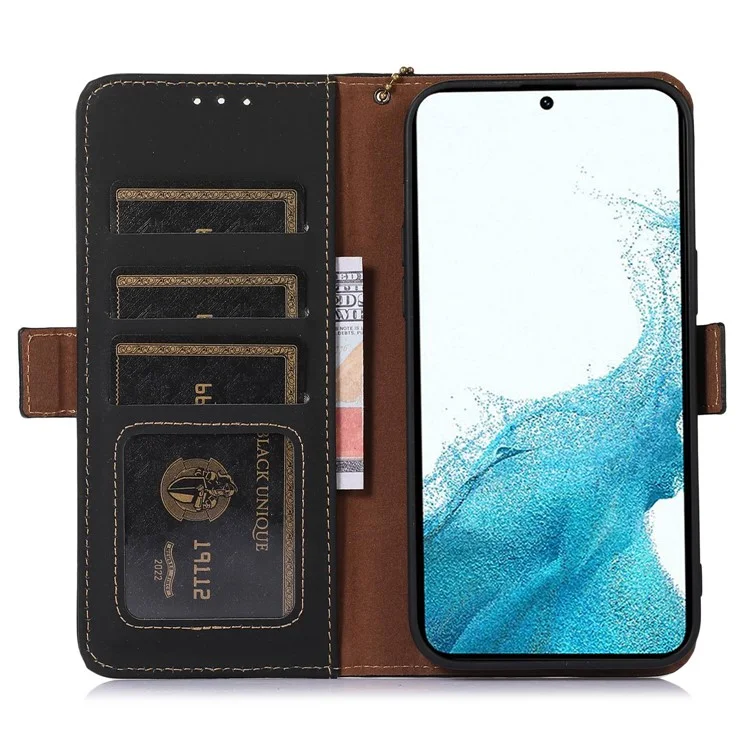 Para Samsung Galaxy A15 4G Case RFID Blocking Genuine Cow Leather Wallet Cellphone Cover - Black