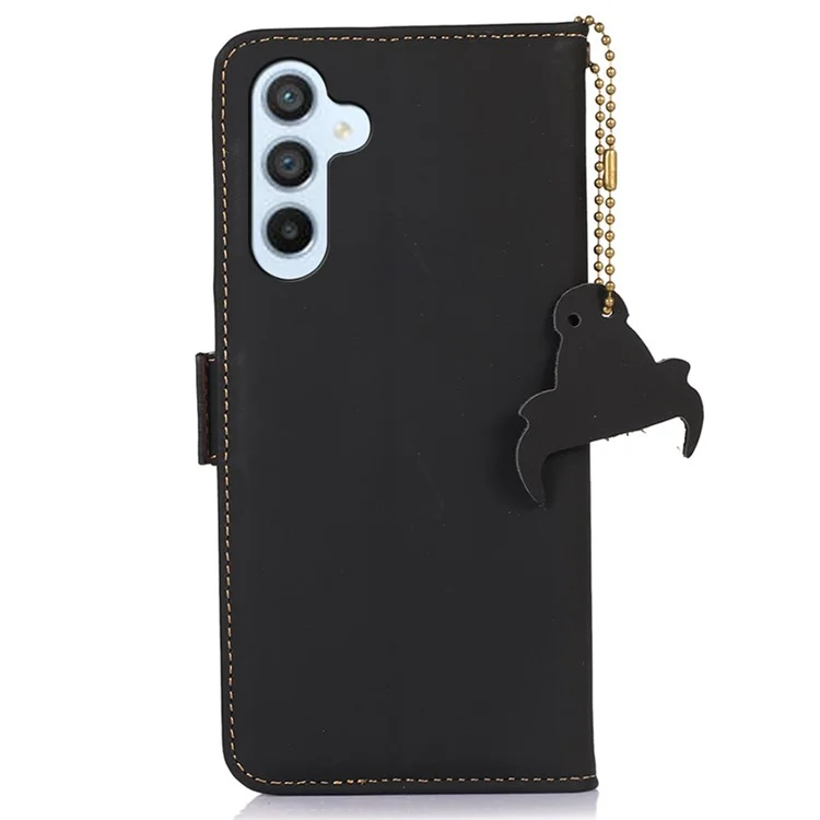 Para Samsung Galaxy A15 4G Case RFID Blocking Genuine Cow Leather Wallet Cellphone Cover - Black