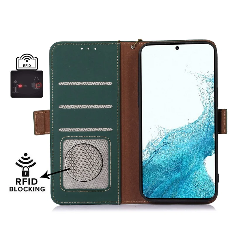 For Samsung Galaxy A15 4G Case RFID Blocking Genuine Cow Leather Wallet Cellphone Cover - Green