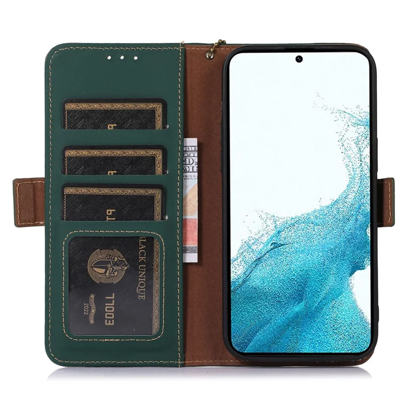 For Samsung Galaxy A15 4G Case RFID Blocking Genuine Cow Leather Wallet Cellphone Cover - Green