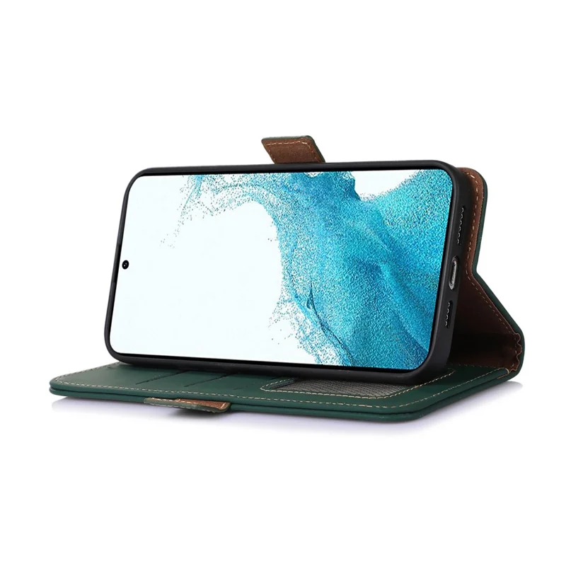 For Samsung Galaxy A15 4G Case RFID Blocking Genuine Cow Leather Wallet Cellphone Cover - Green