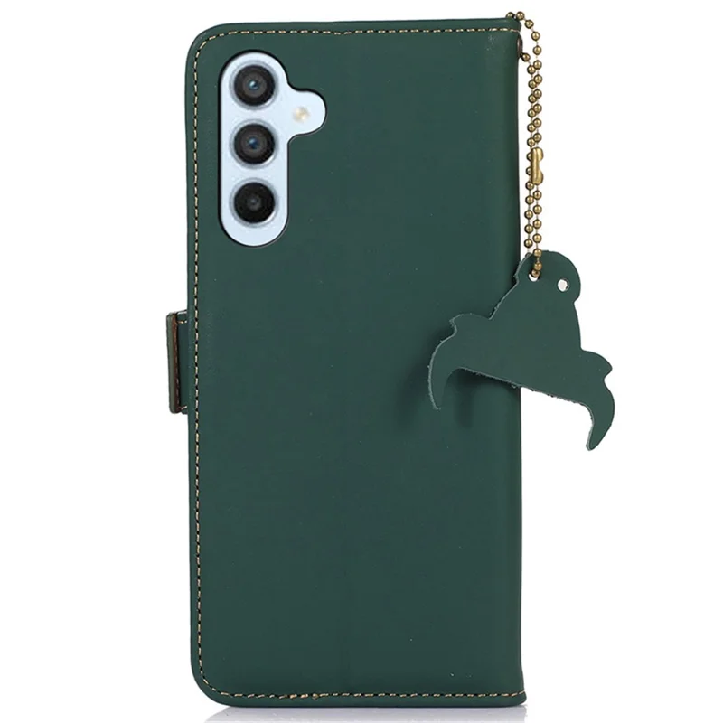 For Samsung Galaxy A15 4G Case RFID Blocking Genuine Cow Leather Wallet Cellphone Cover - Green