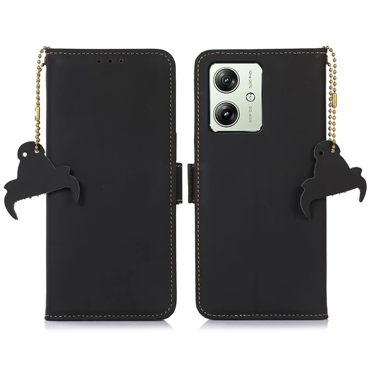 Para Motorola Moto G54 5G Capa do Telefone Caso RFID Blocking Genuine Cow Leather Cover - Preto