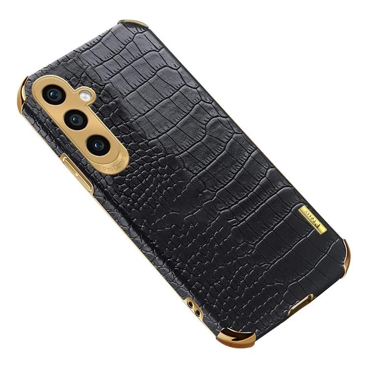 Für Samsung Galaxy S23 FE Case Electroplated PU Leder+TPU Handyhülle (Krokodilleder-Textur) - Schwarz