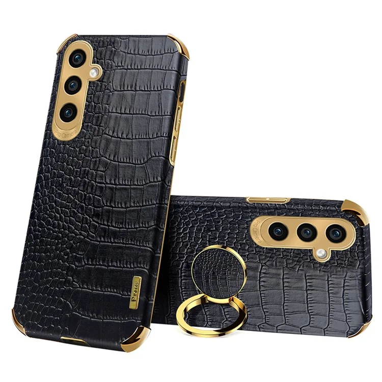 For Samsung Galaxy S23 FE Case Ring Kickstand Crocodile Texture Leather+TPU Phone Cover - Black
