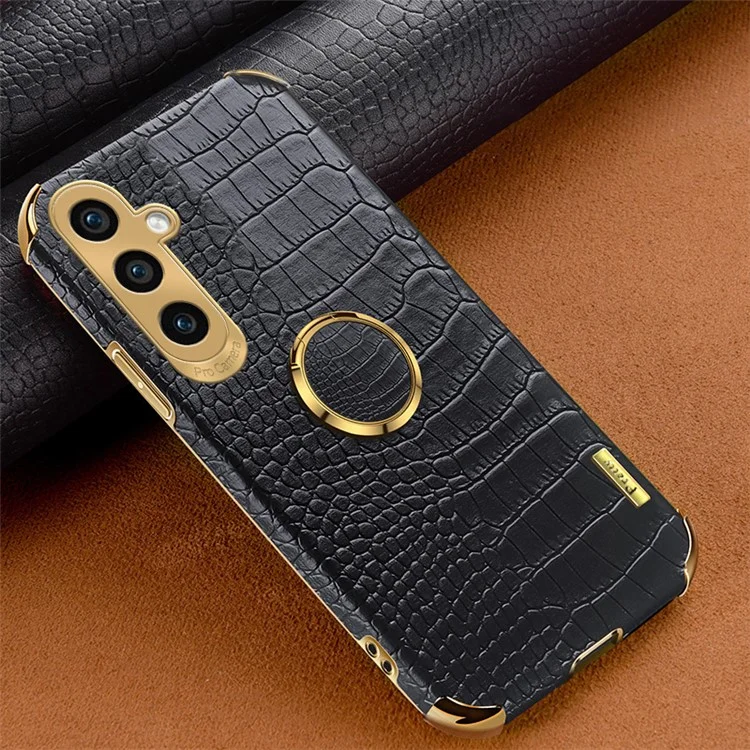 For Samsung Galaxy S23 FE Case Ring Kickstand Crocodile Texture Leather+TPU Phone Cover - Black