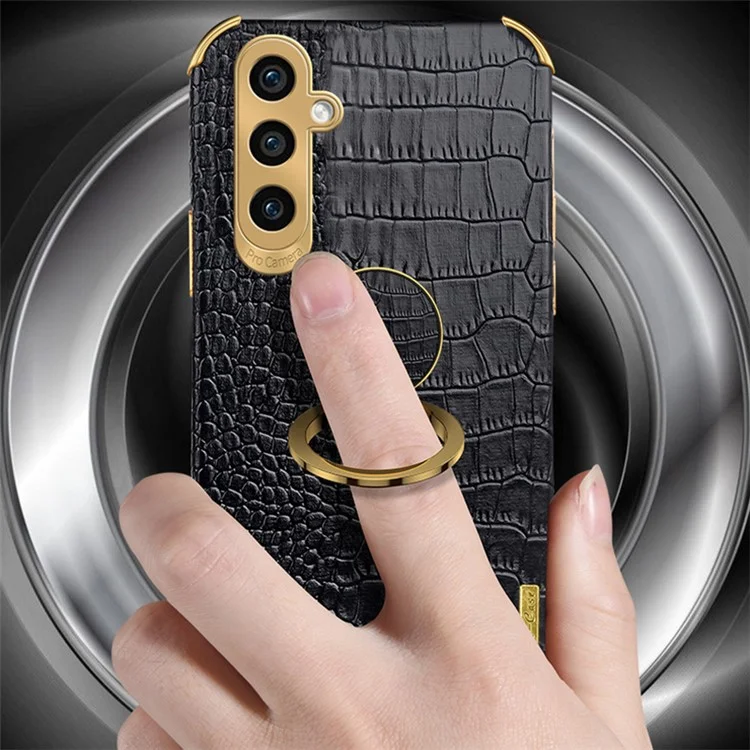 For Samsung Galaxy S23 FE Case Ring Kickstand Crocodile Texture Leather+TPU Phone Cover - Black