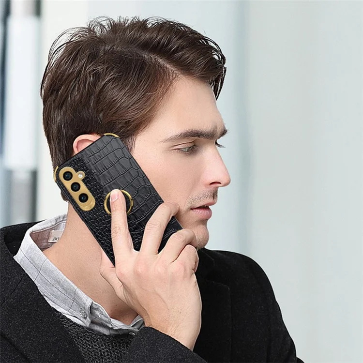 For Samsung Galaxy S23 FE Case Ring Kickstand Crocodile Texture Leather+TPU Phone Cover - Black