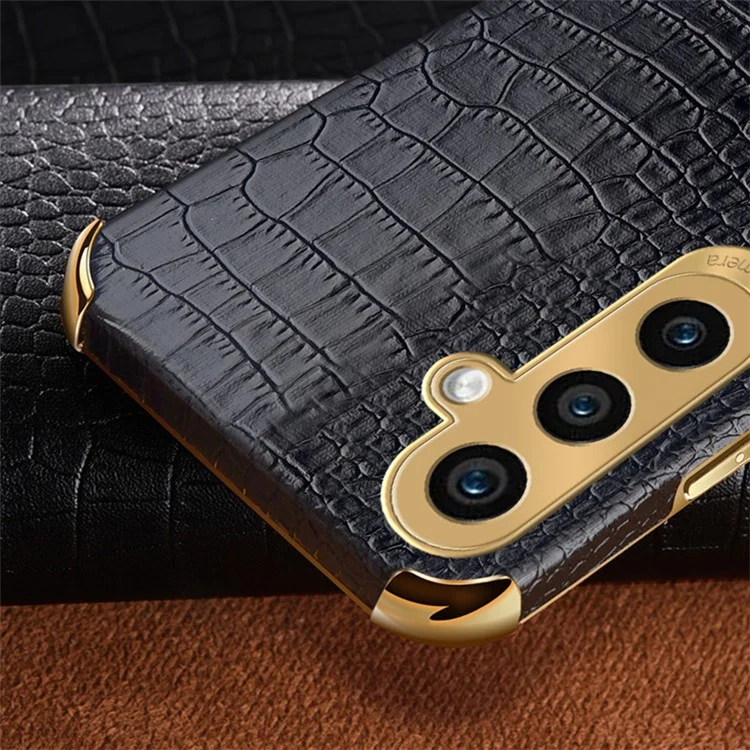 For Samsung Galaxy S23 FE Case Ring Kickstand Crocodile Texture Leather+TPU Phone Cover - Black