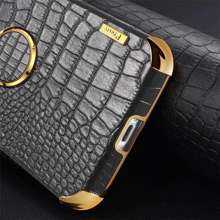 For Samsung Galaxy S23 FE Case Ring Kickstand Crocodile Texture Leather+TPU Phone Cover - Black