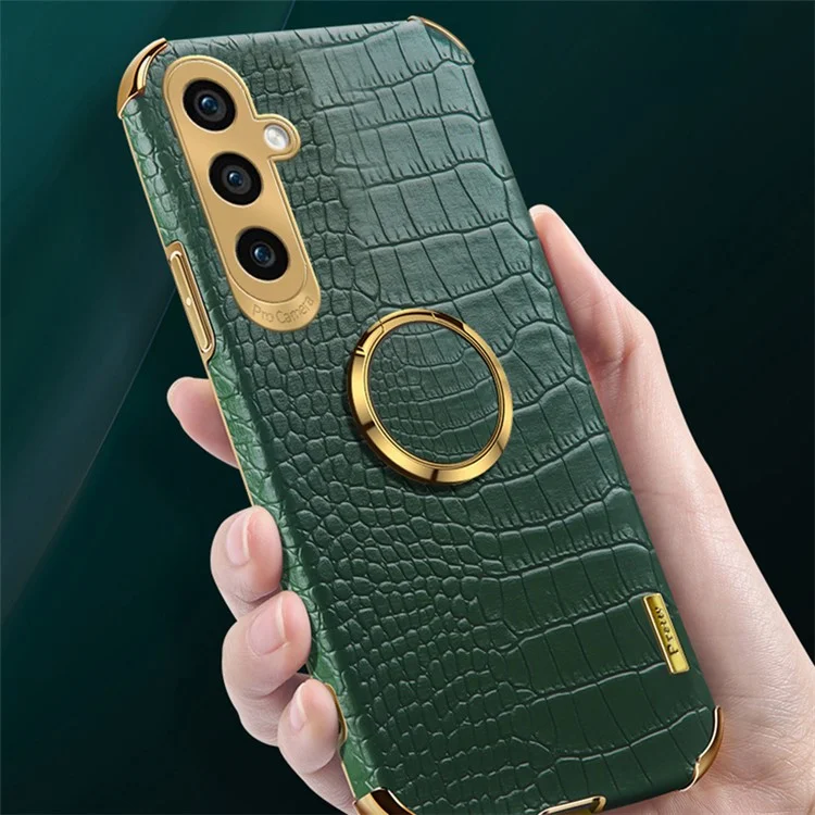 For Samsung Galaxy S23 FE Case Ring Kickstand Crocodile Texture Leather+TPU Phone Cover - Black