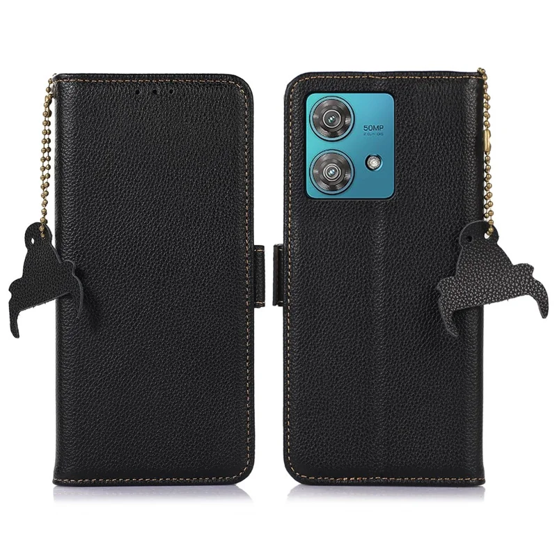 Para el caso Motorola Edge 40 Neo 5G Genuino Piel de Vaca Cubierta de Cartera de Teléfono - Negro