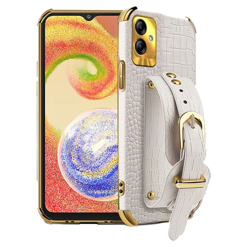For Samsung Galaxy A04 4G (164.4 x 76.3 x 9.1 mm) Case Wristband Kickstand PU Leather+TPU Cover - White