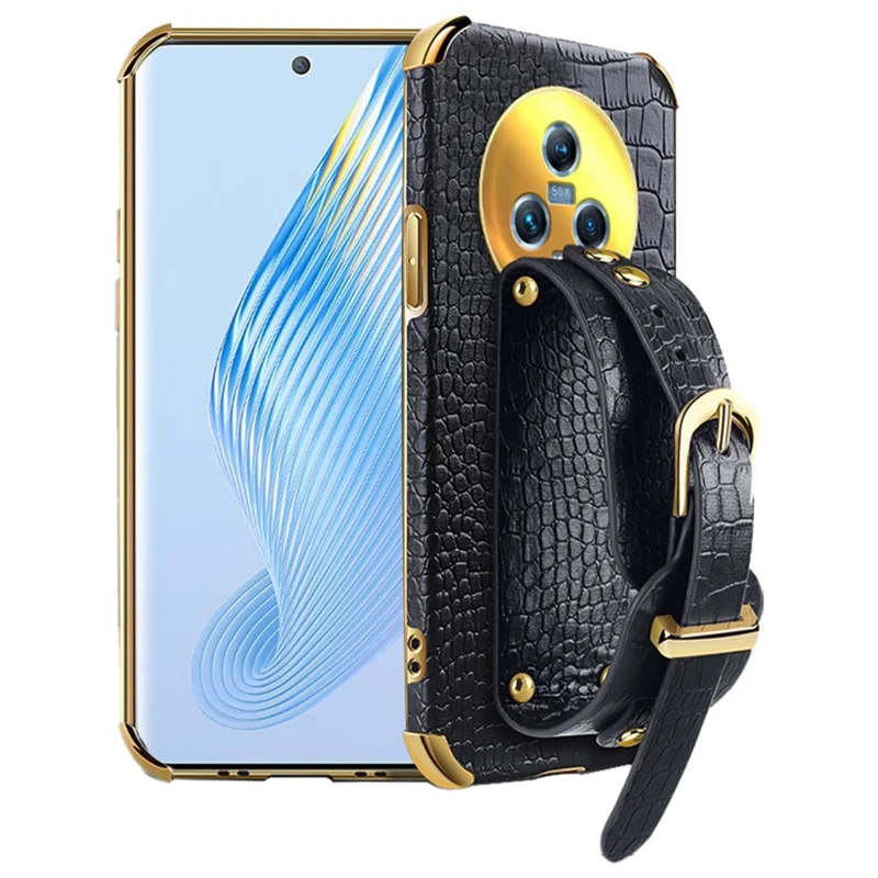 For Honor Magic5 Case 6D Electroplating Wristband PU Leather+TPU Cell Phone Cover - Black