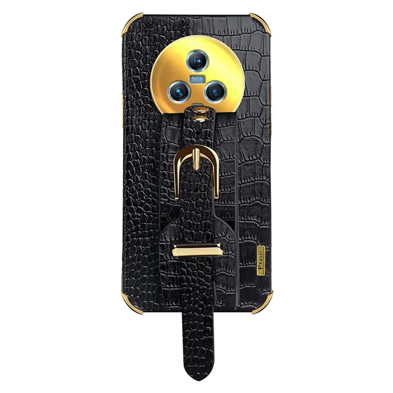 For Honor Magic5 Case 6D Electroplating Wristband PU Leather+TPU Cell Phone Cover - Black
