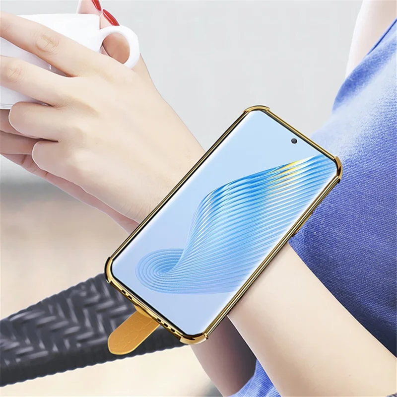 For Honor Magic5 Case 6D Electroplating Wristband PU Leather+TPU Cell Phone Cover - Black