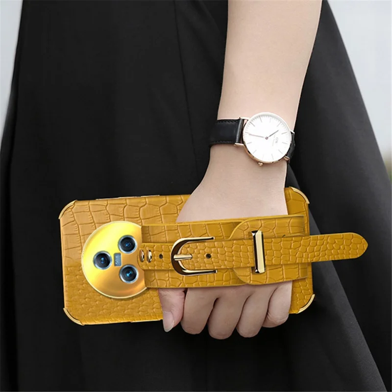 For Honor Magic5 Case 6D Electroplating Wristband PU Leather+TPU Cell Phone Cover - Black