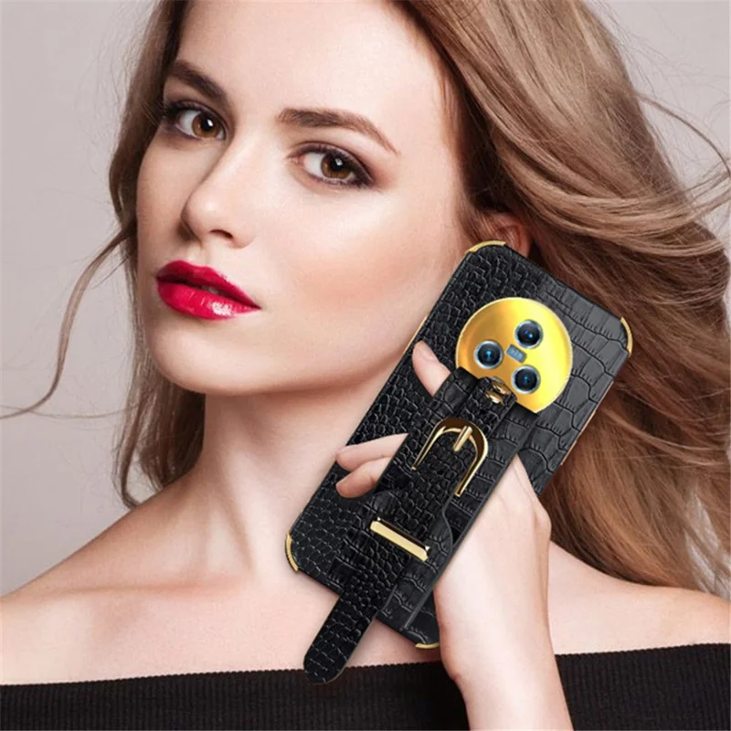 For Honor Magic5 Case 6D Electroplating Wristband PU Leather+TPU Cell Phone Cover - Black