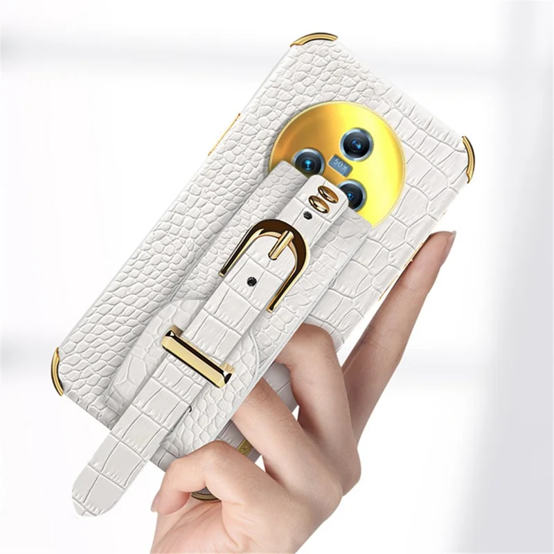 For Honor Magic5 Case 6D Electroplating Wristband PU Leather+TPU Cell Phone Cover - Black