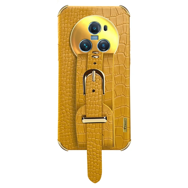 For Honor Magic5 Pro Case Anti-drop 6D Electroplating Wristband PU Leather+TPU Phone Cover - Yellow