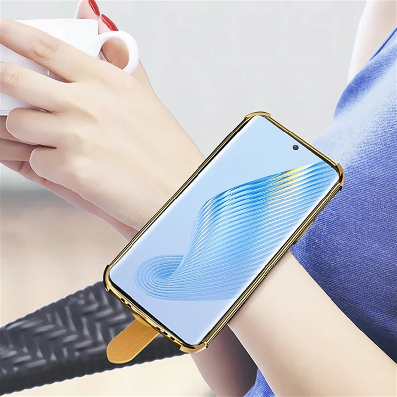 For Honor Magic5 Pro Case Anti-drop 6D Electroplating Wristband PU Leather+TPU Phone Cover - Yellow
