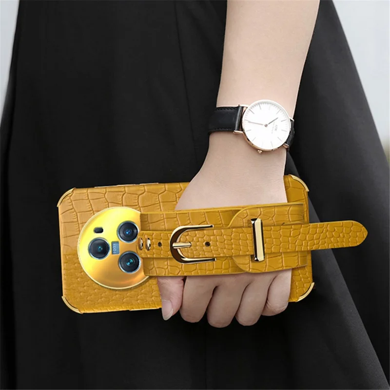For Honor Magic5 Pro Case Anti-drop 6D Electroplating Wristband PU Leather+TPU Phone Cover - Yellow