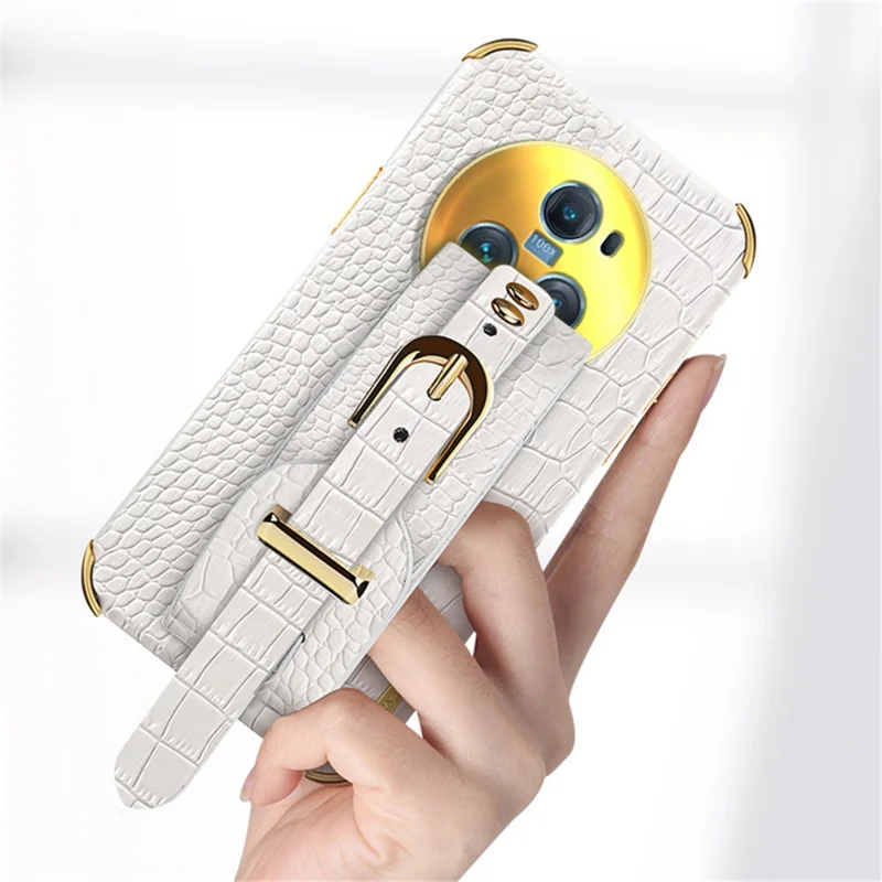 For Honor Magic5 Pro Case Anti-drop 6D Electroplating Wristband PU Leather+TPU Phone Cover - Yellow