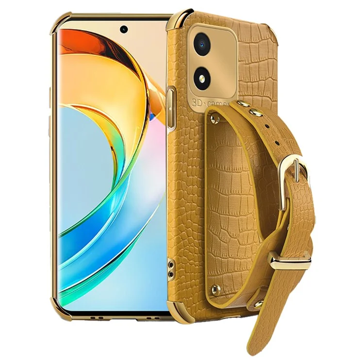 Чехол For Honor X5 4G с защитой от падения, 6D электрохромирование, кожаный ремешок на запястье из PU и TPU - желтый