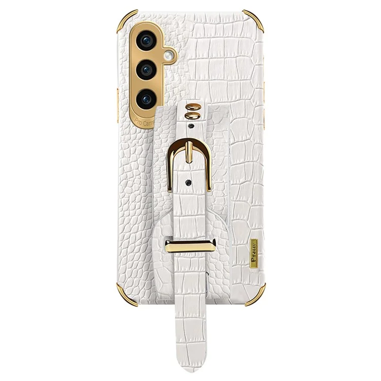 Чехол для Samsung Galaxy S23 FE с ремешком, из PU-кожи и TPU с 6D-металлизацией - белый