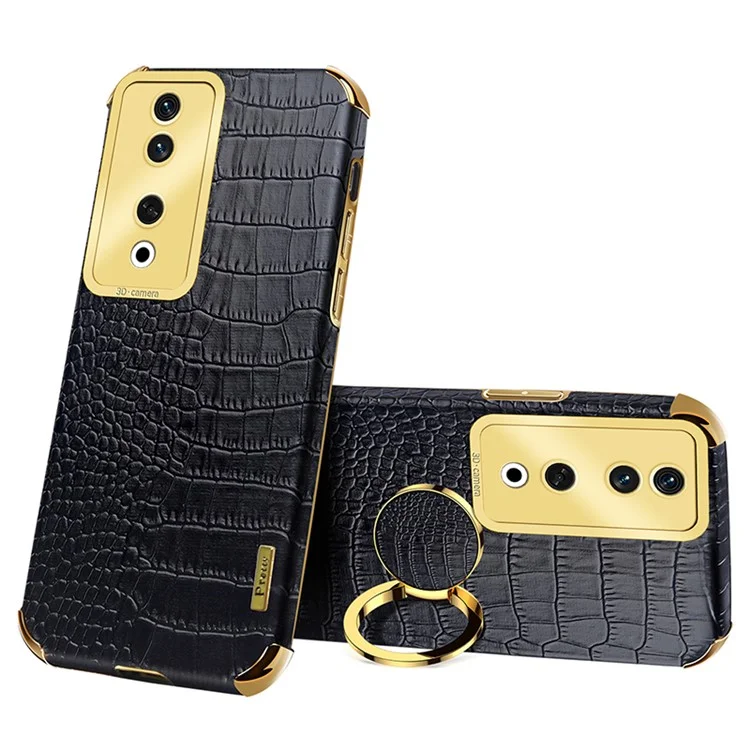 For Honor 90 Case Crocodile Texture Leder+TPU Sturzsichere Hülle mit Ringständer - Schwarz