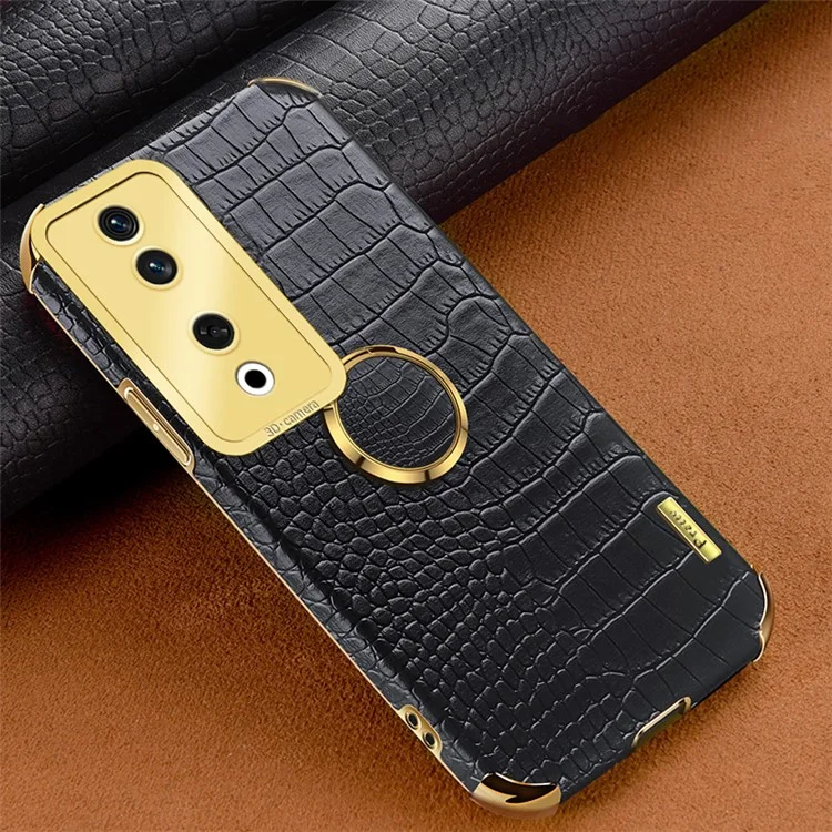 For Honor 90 Case Crocodile Texture Leder+TPU Sturzsichere Hülle mit Ringständer - Schwarz