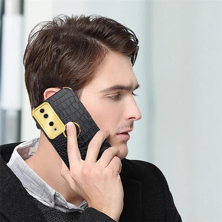 For Honor 90 Case Crocodile Texture Leder+TPU Sturzsichere Hülle mit Ringständer - Schwarz