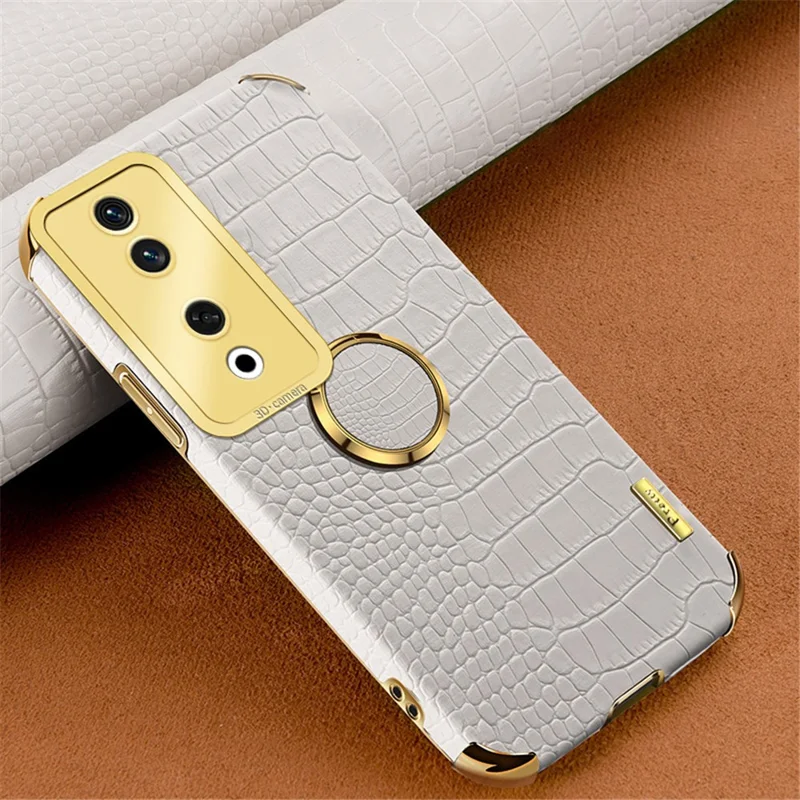 For Honor 90 Case Crocodile Texture Leather+TPU Fall-proof Shell with Ring Kickstand - White