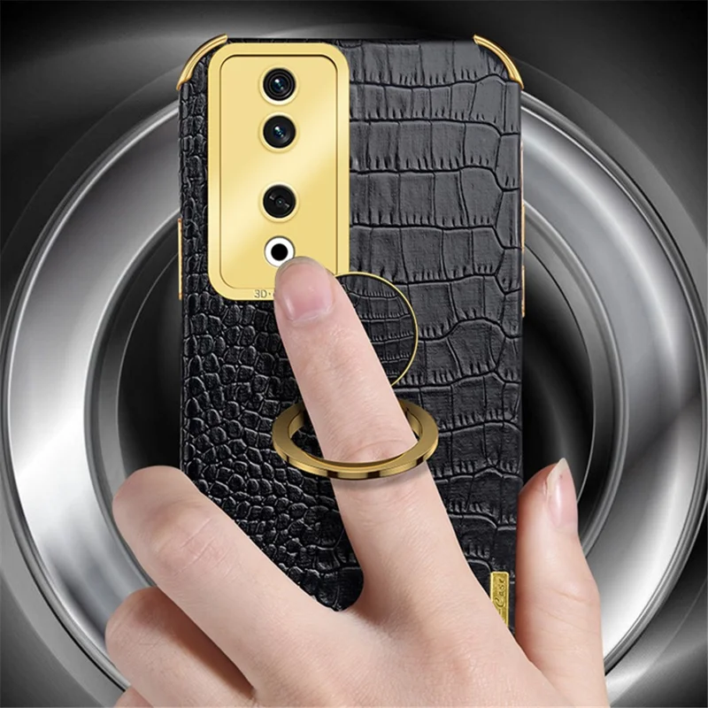 For Honor 90 Case Crocodile Texture Leather+TPU Fall-proof Shell with Ring Kickstand - White