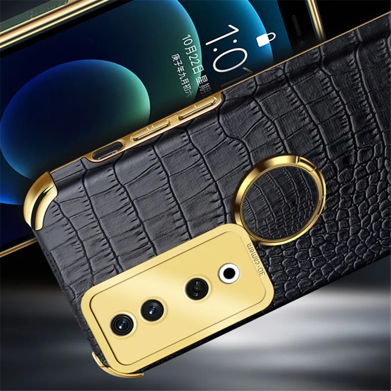 For Honor 90 Case Crocodile Texture Leather+TPU Fall-proof Shell with Ring Kickstand - White